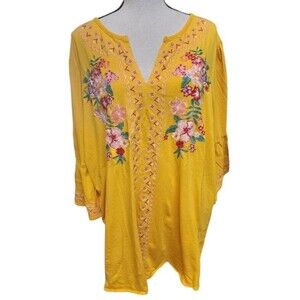 Roaman's Gold Embroidered Top Size 26/28 2X Hippie Boho